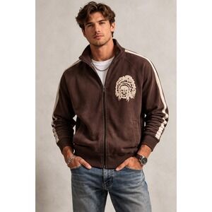 Cremieux Premium Denim Mens Brown Track Jacket Native American Graphic Large